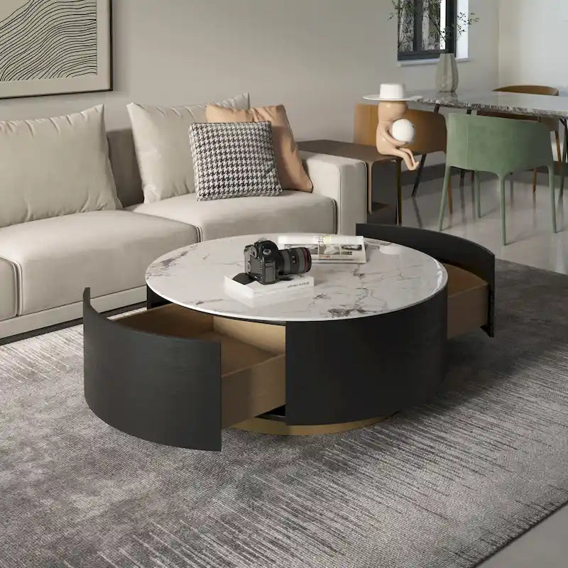 Tavolino da Caffè Rotondo con Piano in Marmo, 2 Cassetti e Base in Ferro Verniciato a Polvere Oro – Bianco / Bianco e Nero, Singolo