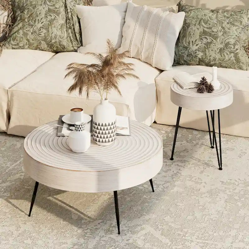 Tavolino da Caffè Cilindrico Rustico in Legno Impiallacciato – Naturale / Bianco / Rosso Chiaro e Naturale