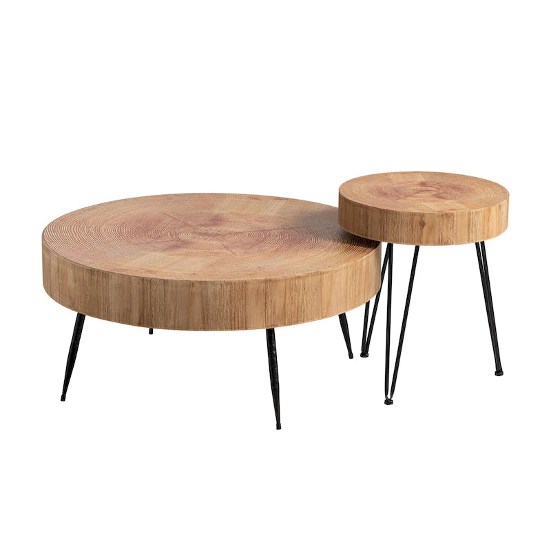 Tavolino da Caffè Cilindrico Rustico in Legno Impiallacciato – Naturale / Bianco / Rosso Chiaro e Naturale