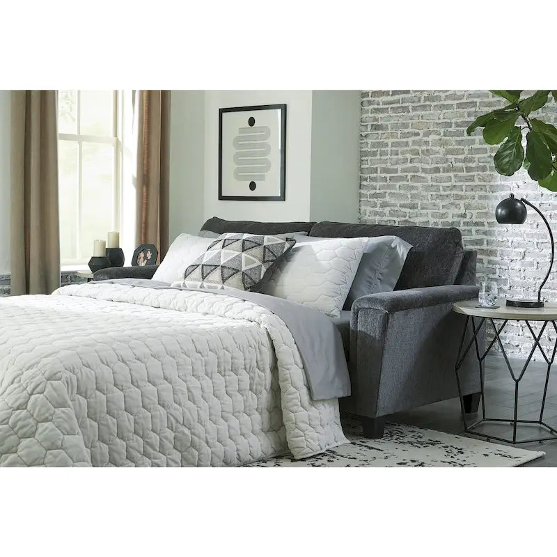 Divano letto queen contemporaneo in ciniglia con materasso in memory foam – Naturale / Fumo, per 2 persone