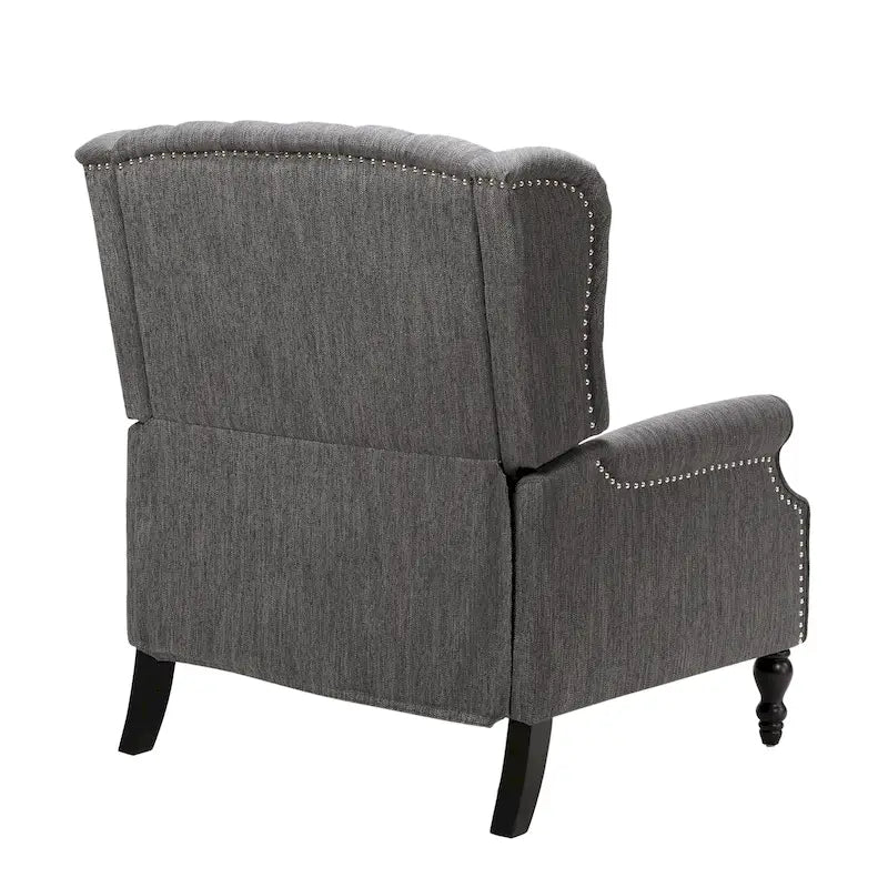 Poltrona reclinabile "Pushback" a orecchioni trapuntata di grandi dimensioni in tessuto con bordi borchiati e gambe in legno di betulla – Marrone / Blu navy / Antracite, Singola