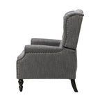 Poltrona reclinabile "Pushback" a orecchioni trapuntata di grandi dimensioni in tessuto con bordi borchiati e gambe in legno di betulla – Marrone / Blu navy / Antracite, Singola