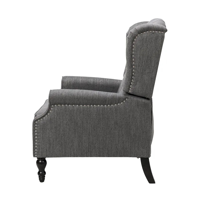 Poltrona reclinabile "Pushback" a orecchioni trapuntata di grandi dimensioni in tessuto con bordi borchiati e gambe in legno di betulla – Marrone / Blu navy / Antracite, Singola