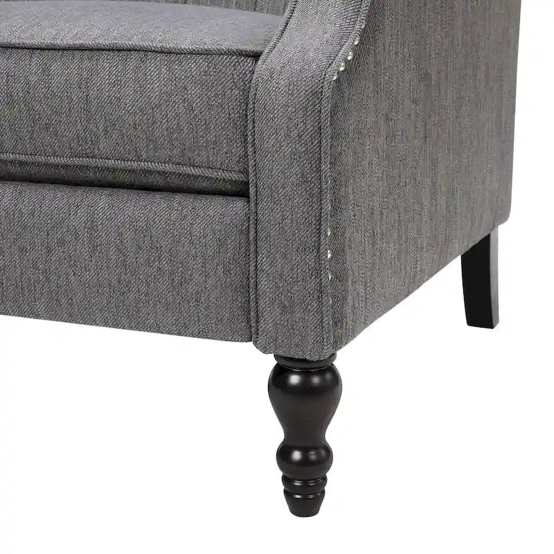 Poltrona reclinabile "Pushback" a orecchioni trapuntata di grandi dimensioni in tessuto con bordi borchiati e gambe in legno di betulla – Marrone / Blu navy / Antracite, Singola