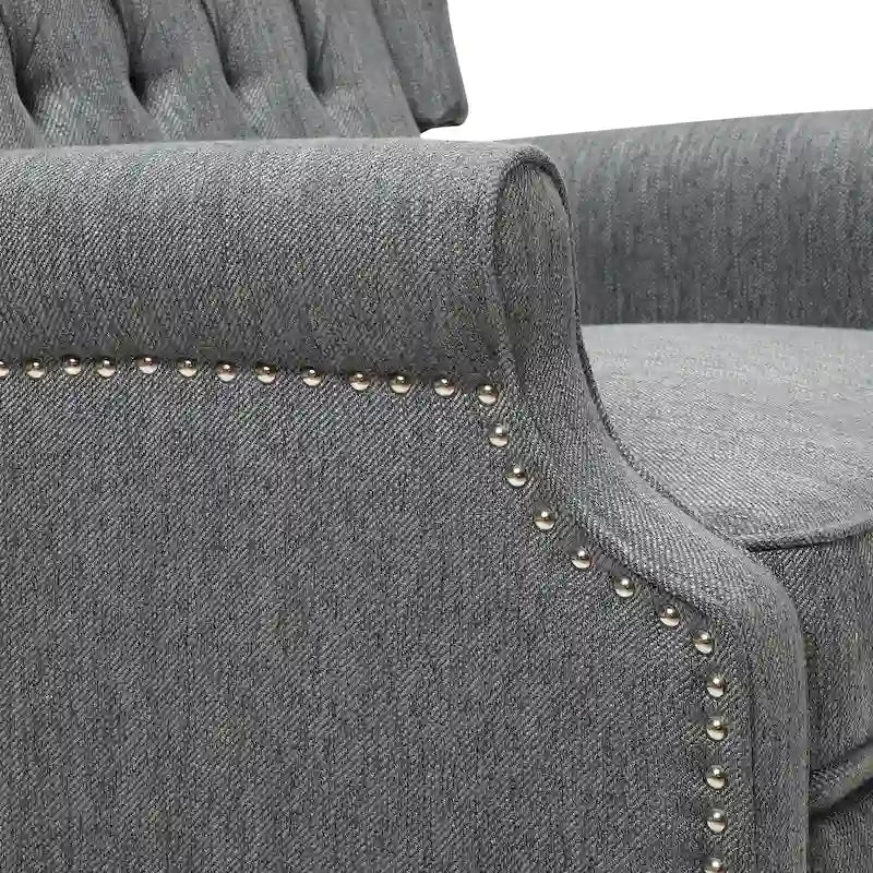 Poltrona reclinabile "Pushback" a orecchioni trapuntata di grandi dimensioni in tessuto con bordi borchiati e gambe in legno di betulla – Marrone / Blu navy / Antracite, Singola