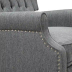 Poltrona reclinabile "Pushback" a orecchioni trapuntata di grandi dimensioni in tessuto con bordi borchiati e gambe in legno di betulla – Marrone / Blu navy / Antracite, Singola