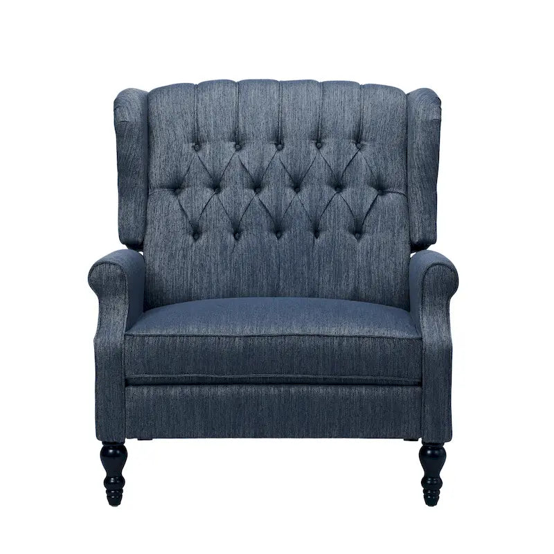 Poltrona reclinabile "Pushback" a orecchioni trapuntata di grandi dimensioni in tessuto con bordi borchiati e gambe in legno di betulla – Marrone / Blu navy / Antracite, Singola