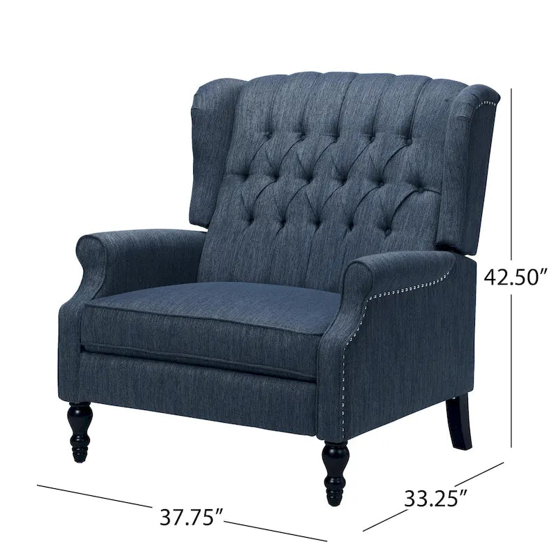 Poltrona reclinabile "Pushback" a orecchioni trapuntata di grandi dimensioni in tessuto con bordi borchiati e gambe in legno di betulla – Marrone / Blu navy / Antracite, Singola