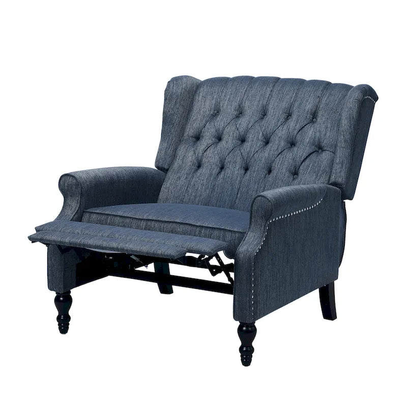 Poltrona reclinabile "Pushback" a orecchioni trapuntata di grandi dimensioni in tessuto con bordi borchiati e gambe in legno di betulla – Marrone / Blu navy / Antracite, Singola
