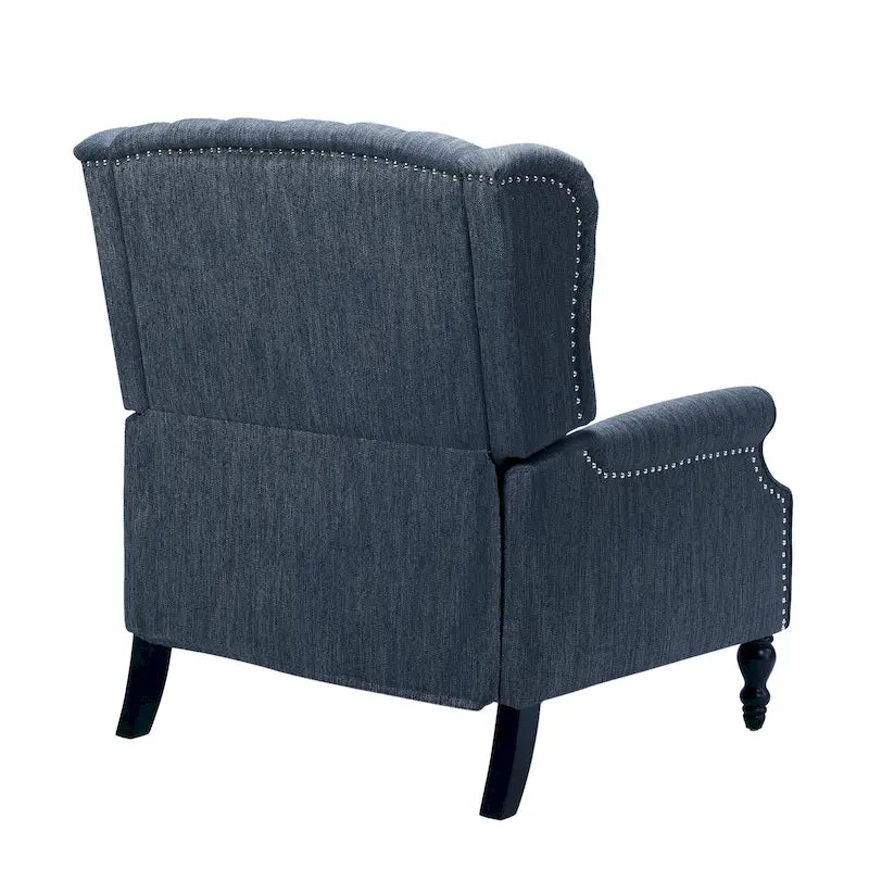 Poltrona reclinabile "Pushback" a orecchioni trapuntata di grandi dimensioni in tessuto con bordi borchiati e gambe in legno di betulla – Marrone / Blu navy / Antracite, Singola