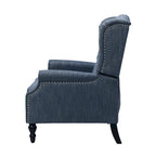 Poltrona reclinabile "Pushback" a orecchioni trapuntata di grandi dimensioni in tessuto con bordi borchiati e gambe in legno di betulla – Marrone / Blu navy / Antracite, Singola