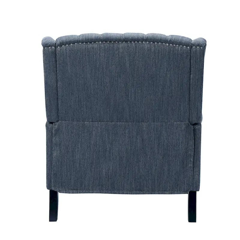 Poltrona reclinabile "Pushback" a orecchioni trapuntata di grandi dimensioni in tessuto con bordi borchiati e gambe in legno di betulla – Marrone / Blu navy / Antracite, Singola