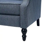 Poltrona reclinabile "Pushback" a orecchioni trapuntata di grandi dimensioni in tessuto con bordi borchiati e gambe in legno di betulla – Marrone / Blu navy / Antracite, Singola