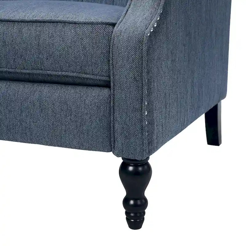 Poltrona reclinabile "Pushback" a orecchioni trapuntata di grandi dimensioni in tessuto con bordi borchiati e gambe in legno di betulla – Marrone / Blu navy / Antracite, Singola
