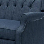 Poltrona reclinabile "Pushback" a orecchioni trapuntata di grandi dimensioni in tessuto con bordi borchiati e gambe in legno di betulla – Marrone / Blu navy / Antracite, Singola