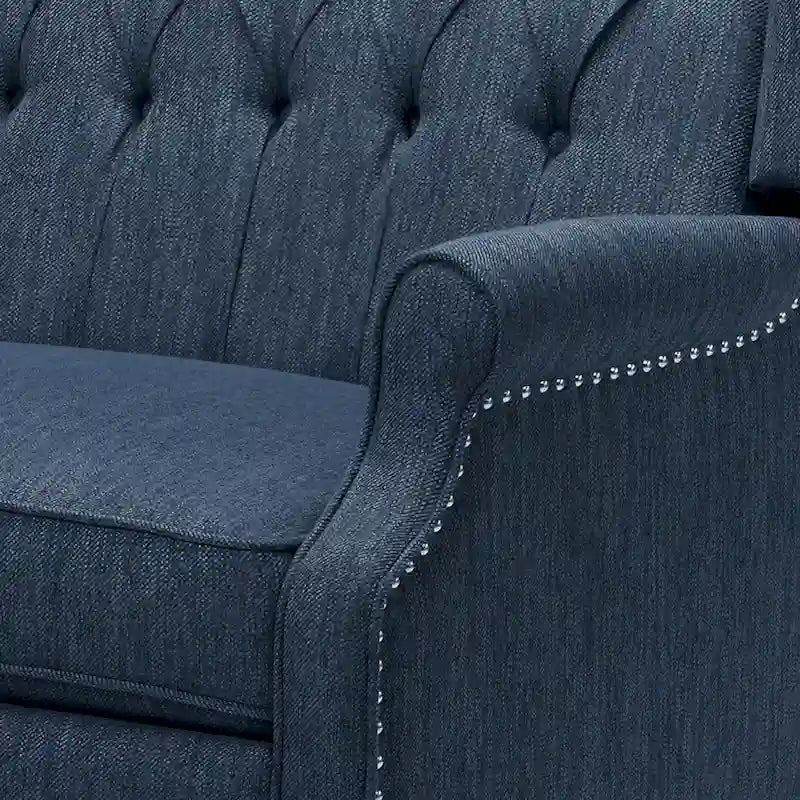 Poltrona reclinabile "Pushback" a orecchioni trapuntata di grandi dimensioni in tessuto con bordi borchiati e gambe in legno di betulla – Marrone / Blu navy / Antracite, Singola