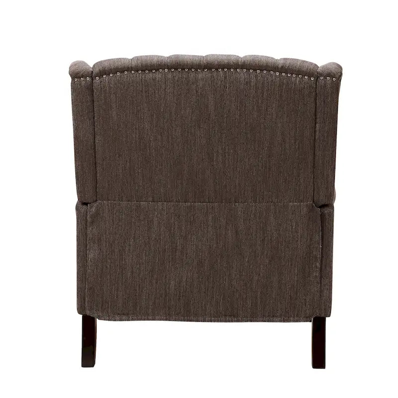 Poltrona reclinabile "Pushback" a orecchioni trapuntata di grandi dimensioni in tessuto con bordi borchiati e gambe in legno di betulla – Marrone / Blu navy / Antracite, Singola
