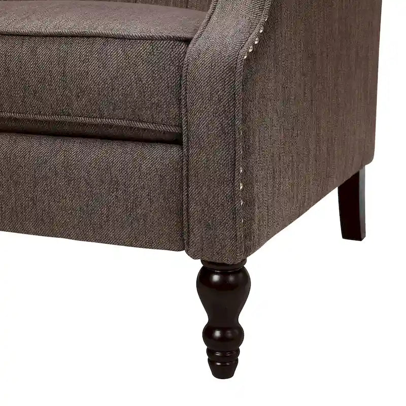 Poltrona reclinabile "Pushback" a orecchioni trapuntata di grandi dimensioni in tessuto con bordi borchiati e gambe in legno di betulla – Marrone / Blu navy / Antracite, Singola