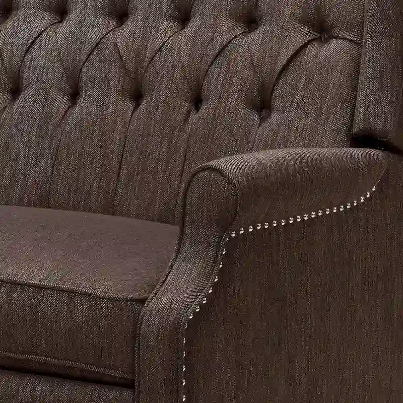 Poltrona reclinabile "Pushback" a orecchioni trapuntata di grandi dimensioni in tessuto con bordi borchiati e gambe in legno di betulla – Marrone / Blu navy / Antracite, Singola