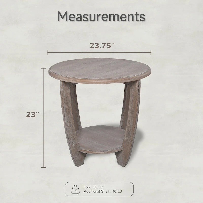 Tavolino rustico da fattoria con ripiano inferiore rotondo e gambe curve – Legno naturale, singolo