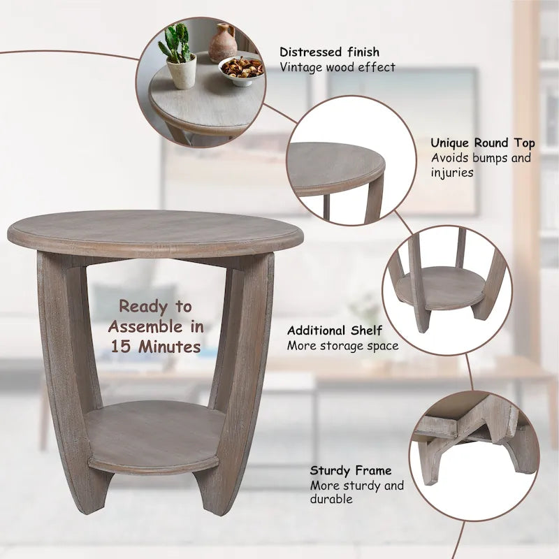 Tavolino rustico da fattoria con ripiano inferiore rotondo e gambe curve – Legno naturale, singolo
