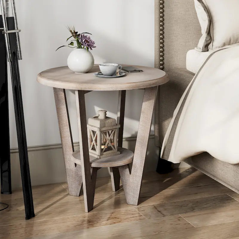 Tavolino rustico da fattoria con ripiano inferiore rotondo e gambe curve – Legno naturale, singolo