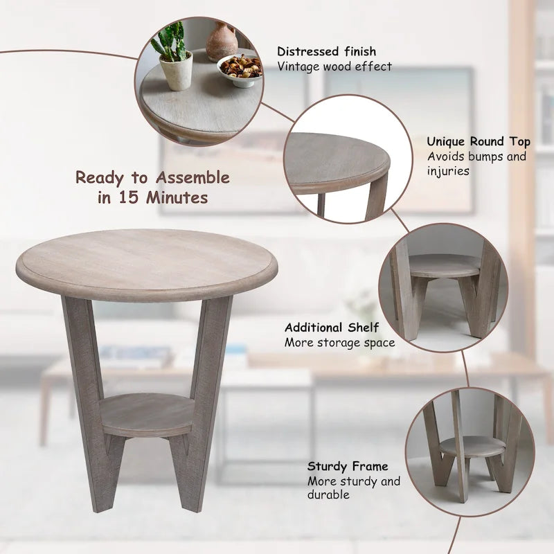 Tavolino rustico da fattoria con ripiano inferiore rotondo e gambe curve – Legno naturale, singolo