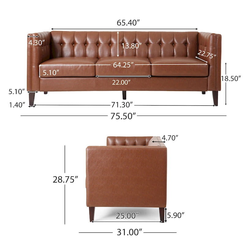 Divano a 3 Posti Contemporaneo in Similpelle con Bottoni Trapuntati e Gambe in Legno di Betulla – Marrone Scuro / Cognac / Midnight, Posti a Sedere: 3