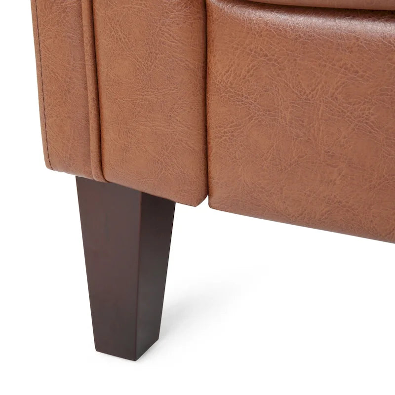Divano a 3 Posti Contemporaneo in Similpelle con Bottoni Trapuntati e Gambe in Legno di Betulla – Marrone Scuro / Cognac / Midnight, Posti a Sedere: 3