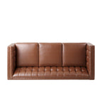 Divano a 3 Posti Contemporaneo in Similpelle con Bottoni Trapuntati e Gambe in Legno di Betulla – Marrone Scuro / Cognac / Midnight, Posti a Sedere: 3
