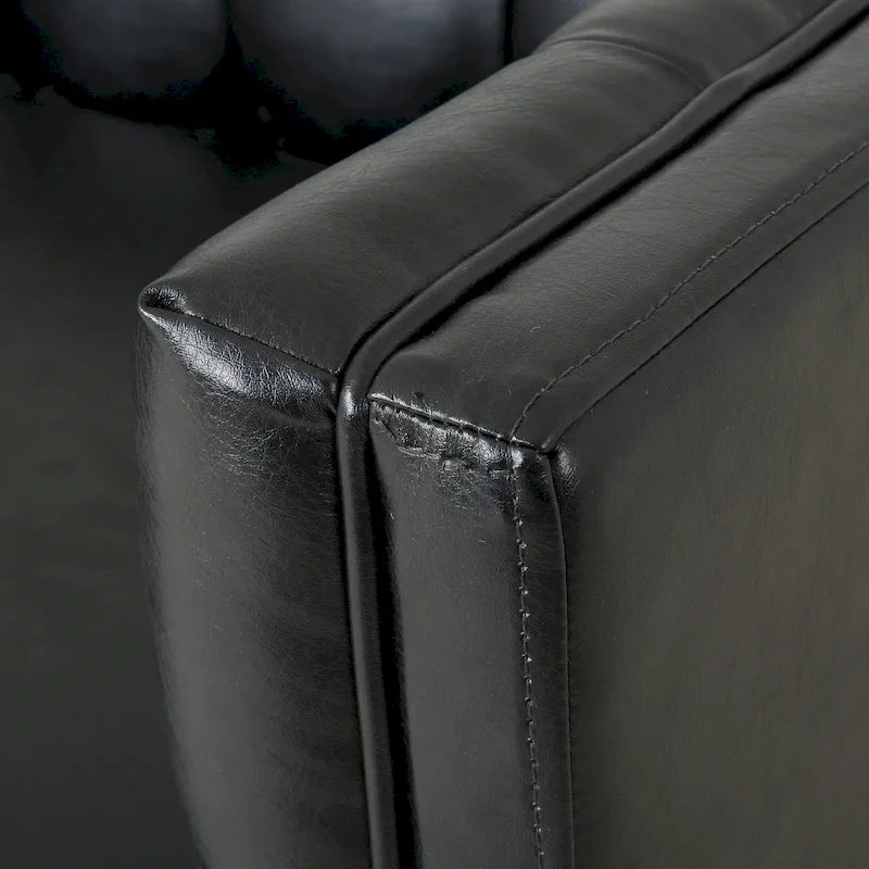 Divano a 3 Posti Contemporaneo in Similpelle con Bottoni Trapuntati e Gambe in Legno di Betulla – Marrone Scuro / Cognac / Midnight, Posti a Sedere: 3