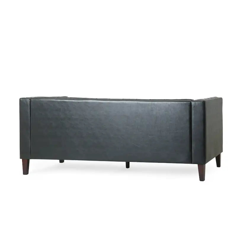 Divano a 3 Posti Contemporaneo in Similpelle con Bottoni Trapuntati e Gambe in Legno di Betulla – Marrone Scuro / Cognac / Midnight, Posti a Sedere: 3