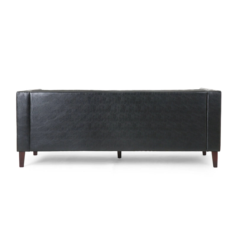 Divano a 3 Posti Contemporaneo in Similpelle con Bottoni Trapuntati e Gambe in Legno di Betulla – Marrone Scuro / Cognac / Midnight, Posti a Sedere: 3