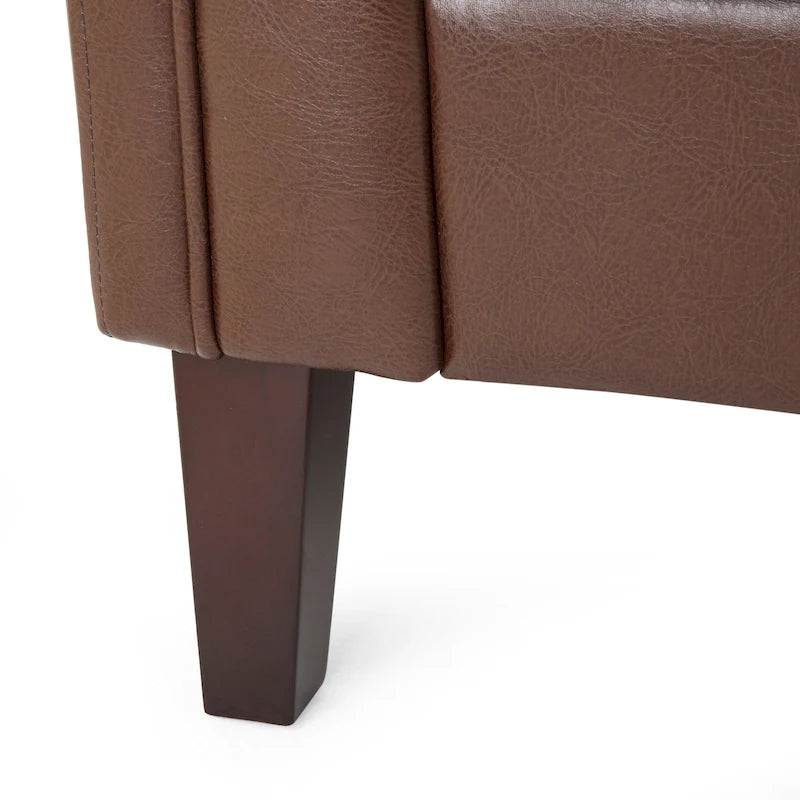Divano a 3 Posti Contemporaneo in Similpelle con Bottoni Trapuntati e Gambe in Legno di Betulla – Marrone Scuro / Cognac / Midnight, Posti a Sedere: 3