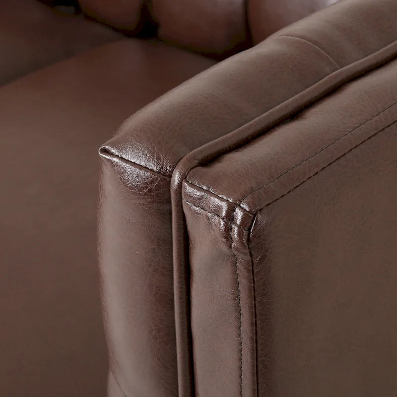 Divano a 3 Posti Contemporaneo in Similpelle con Bottoni Trapuntati e Gambe in Legno di Betulla – Marrone Scuro / Cognac / Midnight, Posti a Sedere: 3