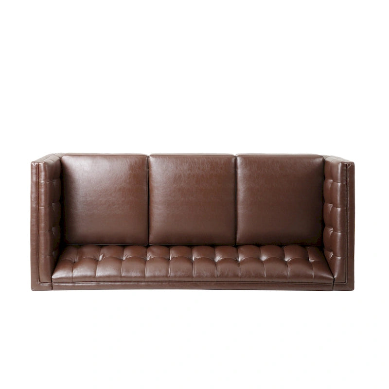 Divano a 3 Posti Contemporaneo in Similpelle con Bottoni Trapuntati e Gambe in Legno di Betulla – Marrone Scuro / Cognac / Midnight, Posti a Sedere: 3
