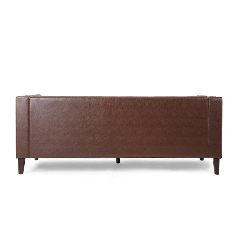 Divano a 3 Posti Contemporaneo in Similpelle con Bottoni Trapuntati e Gambe in Legno di Betulla – Marrone Scuro / Cognac / Midnight, Posti a Sedere: 3
