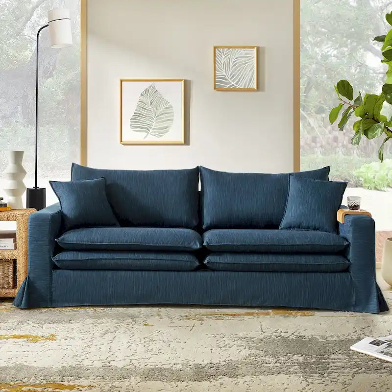 Divano Moderno Sfoderabile con Portabicchieri e Cuscini Reversibili – Blu Navy / Bianco, 3 Posti