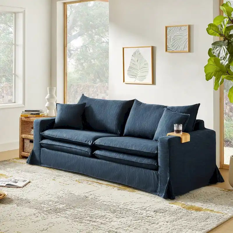 Divano Moderno Sfoderabile con Portabicchieri e Cuscini Reversibili – Blu Navy / Bianco, 3 Posti