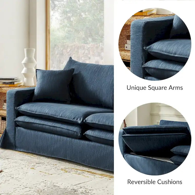 Divano Moderno Sfoderabile con Portabicchieri e Cuscini Reversibili – Blu Navy / Bianco, 3 Posti