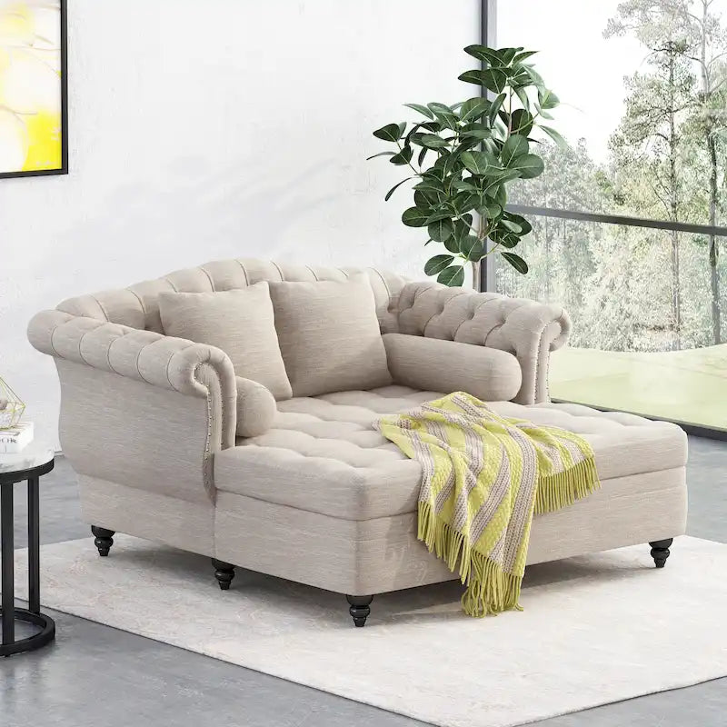 Chaise longue doppia trapuntata con bordo borchiato – Beige / Carbone, 2 posti