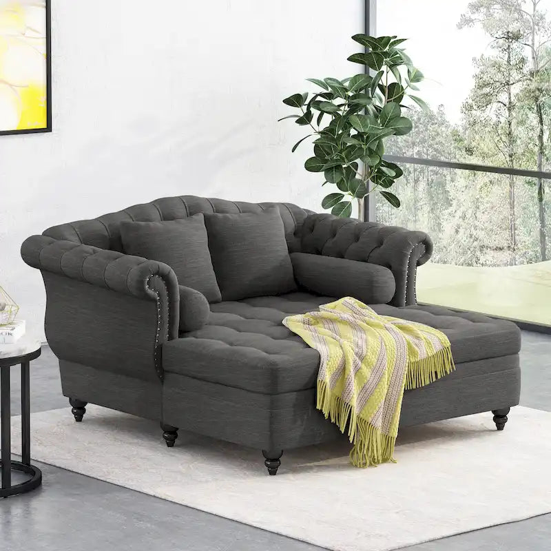 Chaise longue doppia trapuntata con bordo borchiato – Beige / Carbone, 2 posti