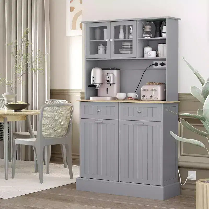 HOMCOM Mobile Dispensa da Cucina 173 cm con Stazione di Ricarica, 2 Scomparti Estraibili per Pattumiera e Porta Microonde, Armadio Contenitore Moderno