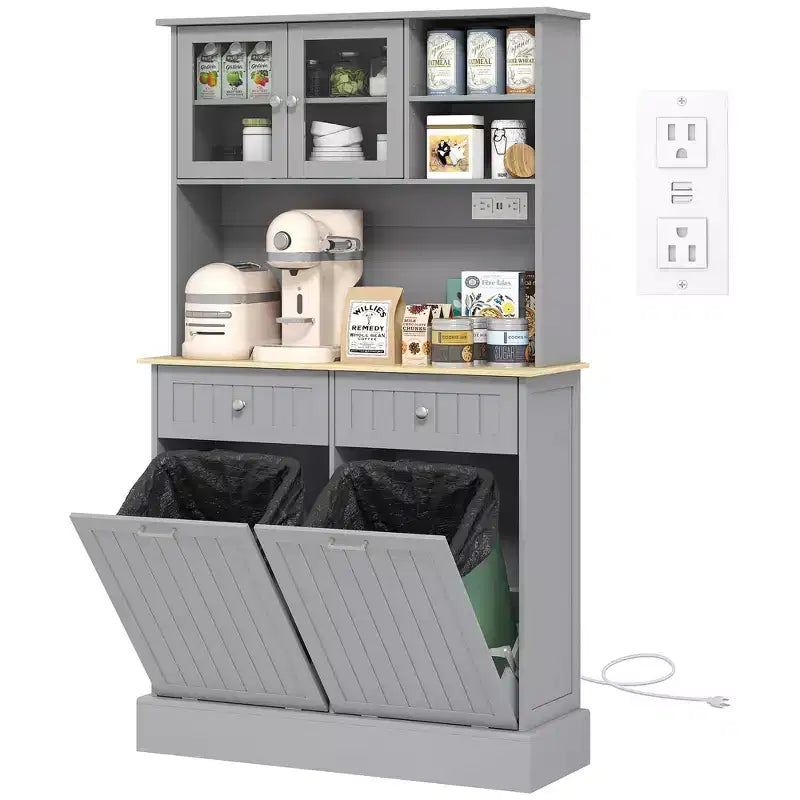 HOMCOM Mobile Dispensa da Cucina 173 cm con Stazione di Ricarica, 2 Scomparti Estraibili per Pattumiera e Porta Microonde, Armadio Contenitore Moderno