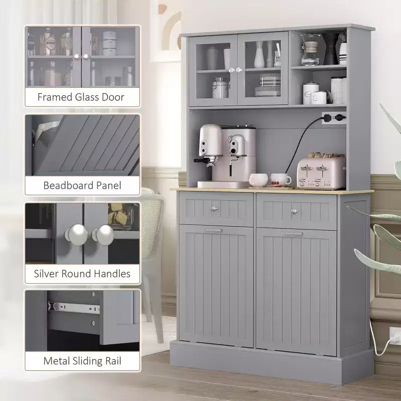 HOMCOM Mobile Dispensa da Cucina 173 cm con Stazione di Ricarica, 2 Scomparti Estraibili per Pattumiera e Porta Microonde, Armadio Contenitore Moderno