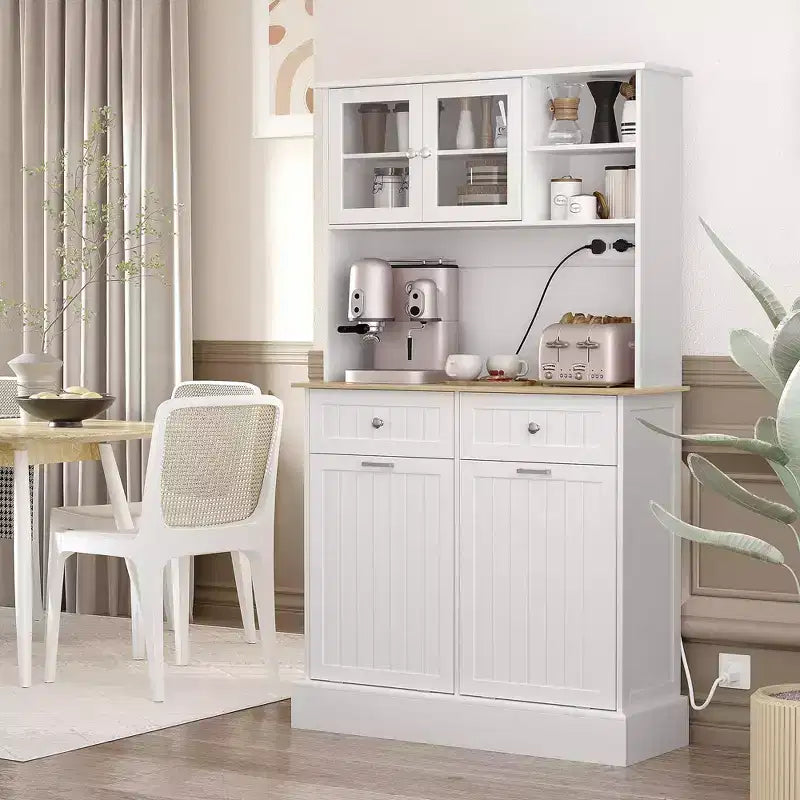 HOMCOM Mobile Dispensa da Cucina 173 cm con Stazione di Ricarica, 2 Scomparti Estraibili per Pattumiera e Porta Microonde, Armadio Contenitore Moderno