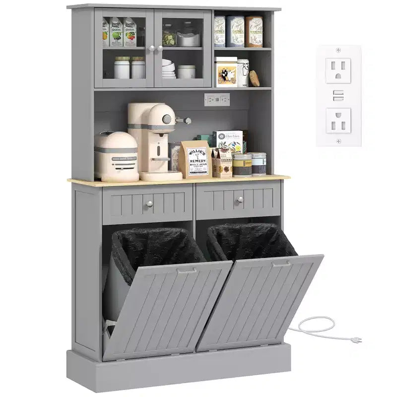 HOMCOM 68 Kitchen Pantry Cabinet with Charging Station, 2 Tilt Out Trash Cabinets and Microwave Stand, Modern Storage Cabinet