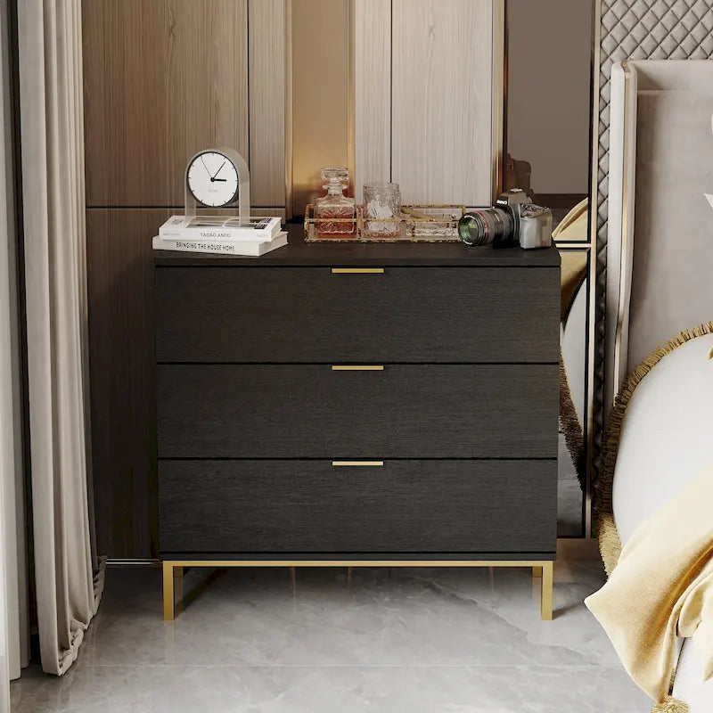 31.5W x 29.7H Wooden Nightstand with 3 Drawer End Table Black Chest