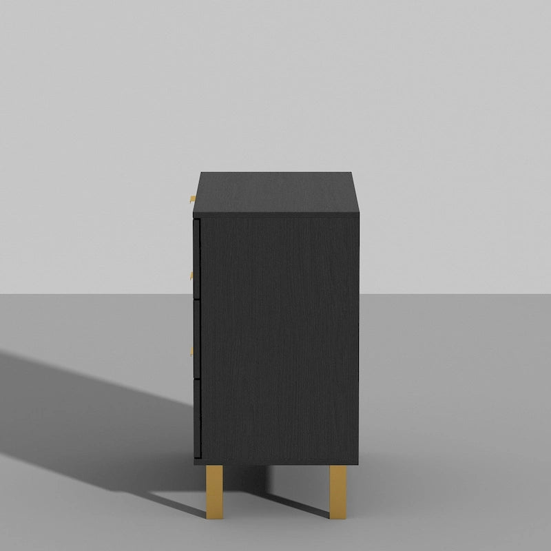 Comodino a 3 cassetti in MDF con ripiano inferiore aperto e piano del tavolo impermeabile – Nero, singolo