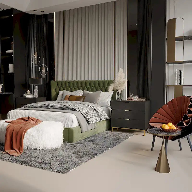 Comodino a 3 cassetti in MDF con ripiano inferiore aperto e piano del tavolo impermeabile – Nero, singolo